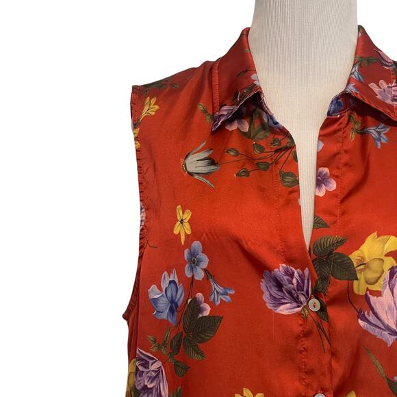 ELIE Tahari Satin Button Top Womens XL Rust Tropical Floral Sleeveless Shell - Picture 2 of 7